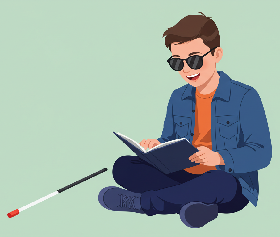 Young person with dark glasses reading a book while sitting cross-legged with a white cane nearby, representing literacy and education for individuals with visual impairments.