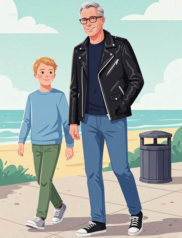 Illustration of an older adult walking alongside a young boy in a wheelchair, representing mentorship and support for youth with disabilities.